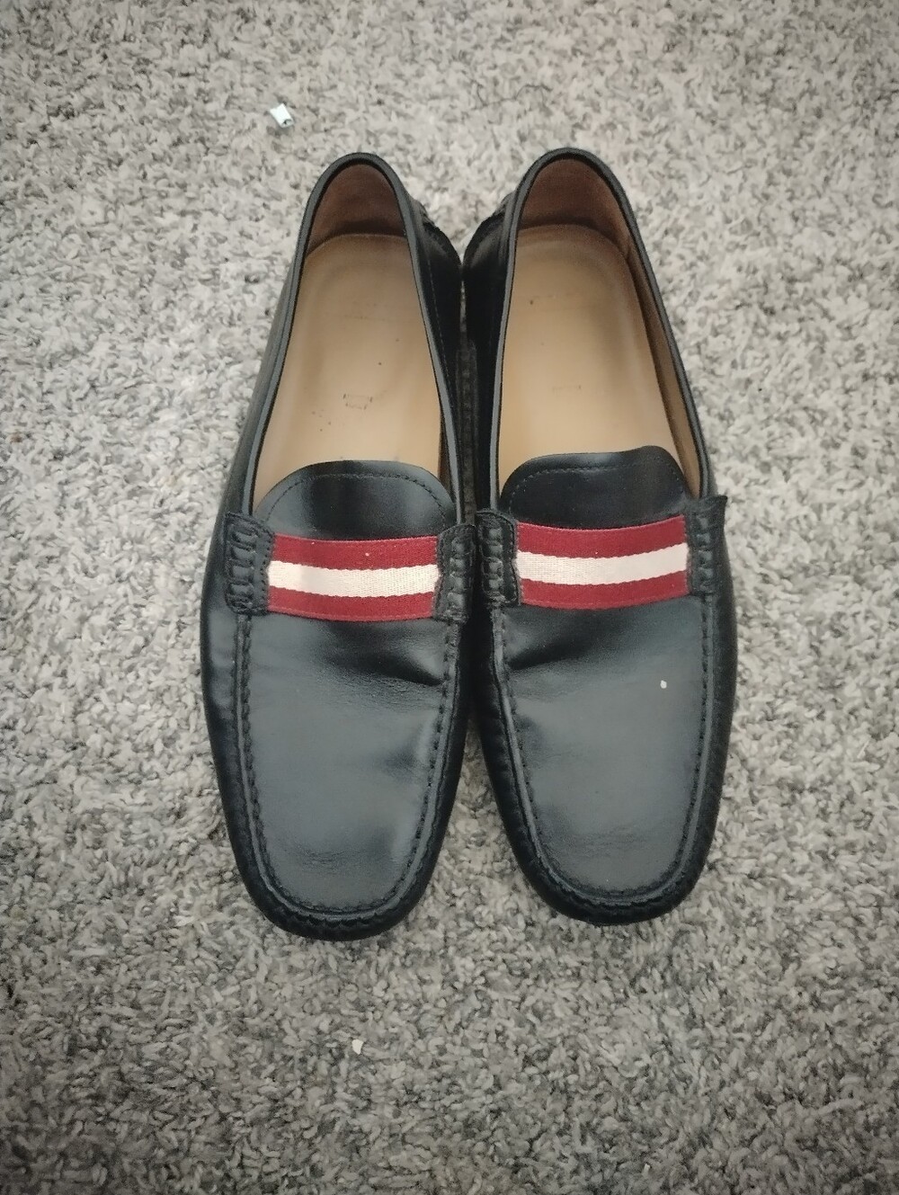 Bally Black Leather Slip-On Loafers with Red & White Band